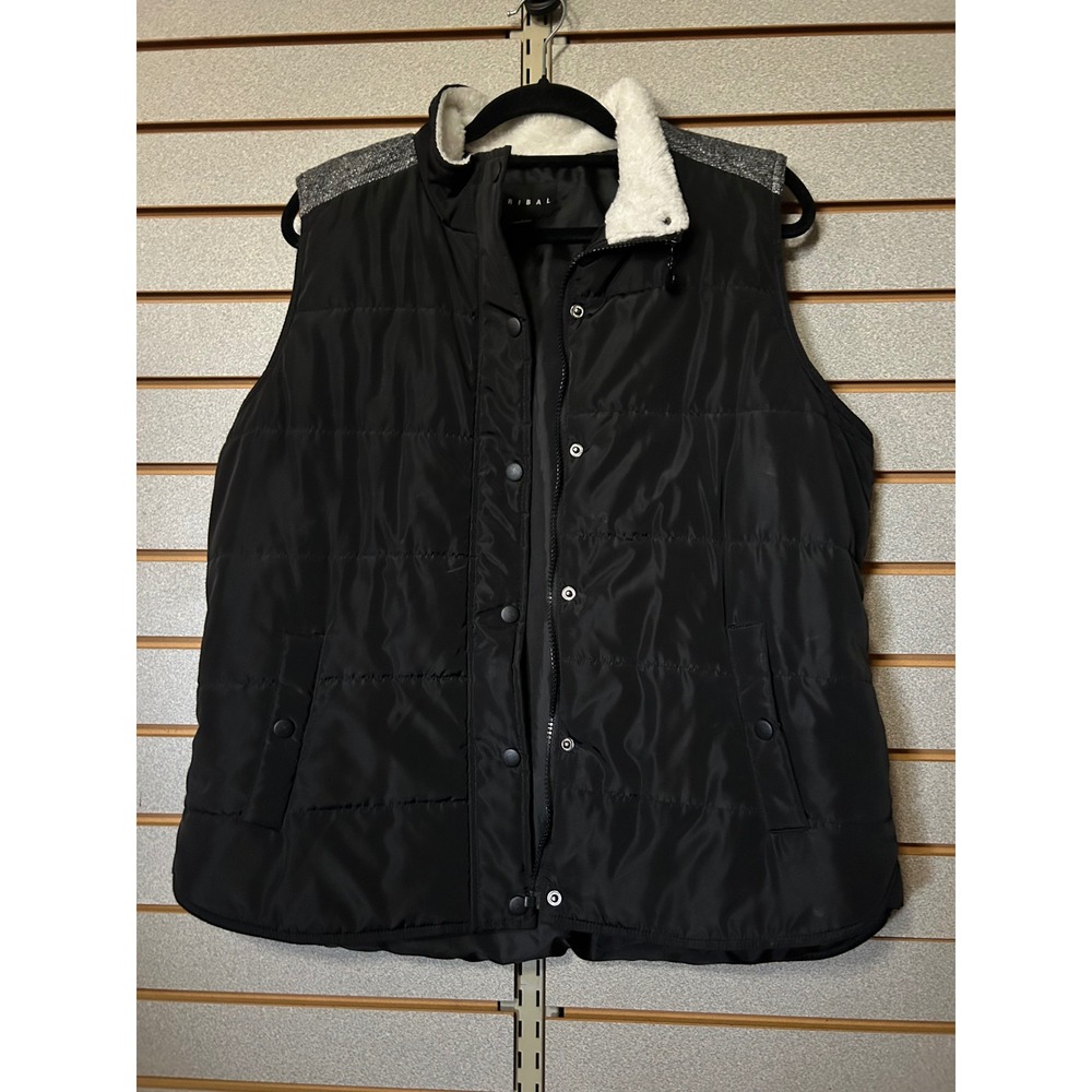 Tribal Womens Black Puffer Vest Grey Tweed Back Faux Shearling Collar Large